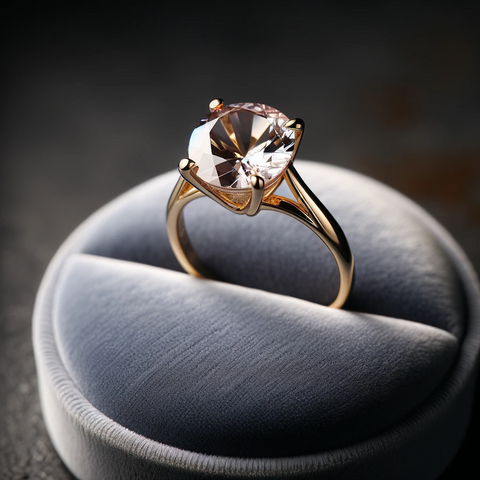 An elegant 16k gold ring with a beautifully cut gemstone, presented on a velvet ring holder.