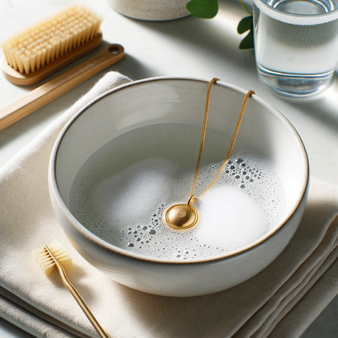 The ambiance represents a serene Scandinavian interior, with a soft lint-free cloth laid out next to the bowl and a gentle jewelry cleaning brush.