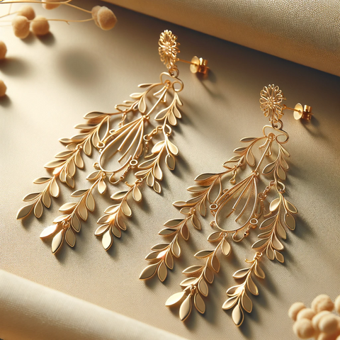 A set of delicate and intricate 21k gold chandelier earrings, showcasing a sophisticated Scandinavian aesthetic.