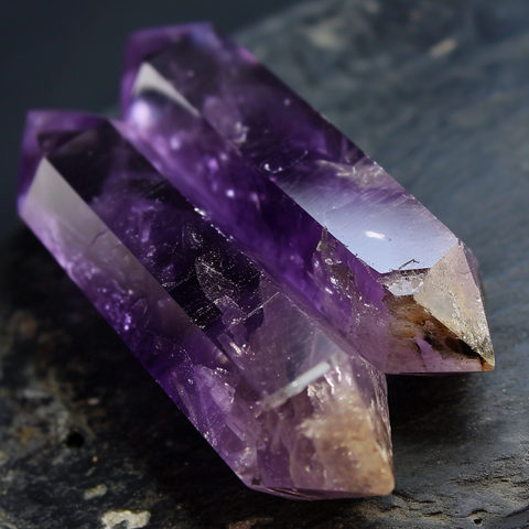 Double Terminated Amethyst crystal, symbolizing harmony and energy flow, with points at both ends.