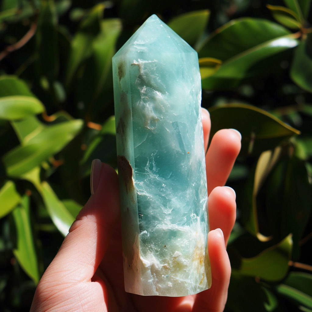 Close-up of the unique, smooth texture of Milky Aquamarine, highlighting its opaque and serene beauty.