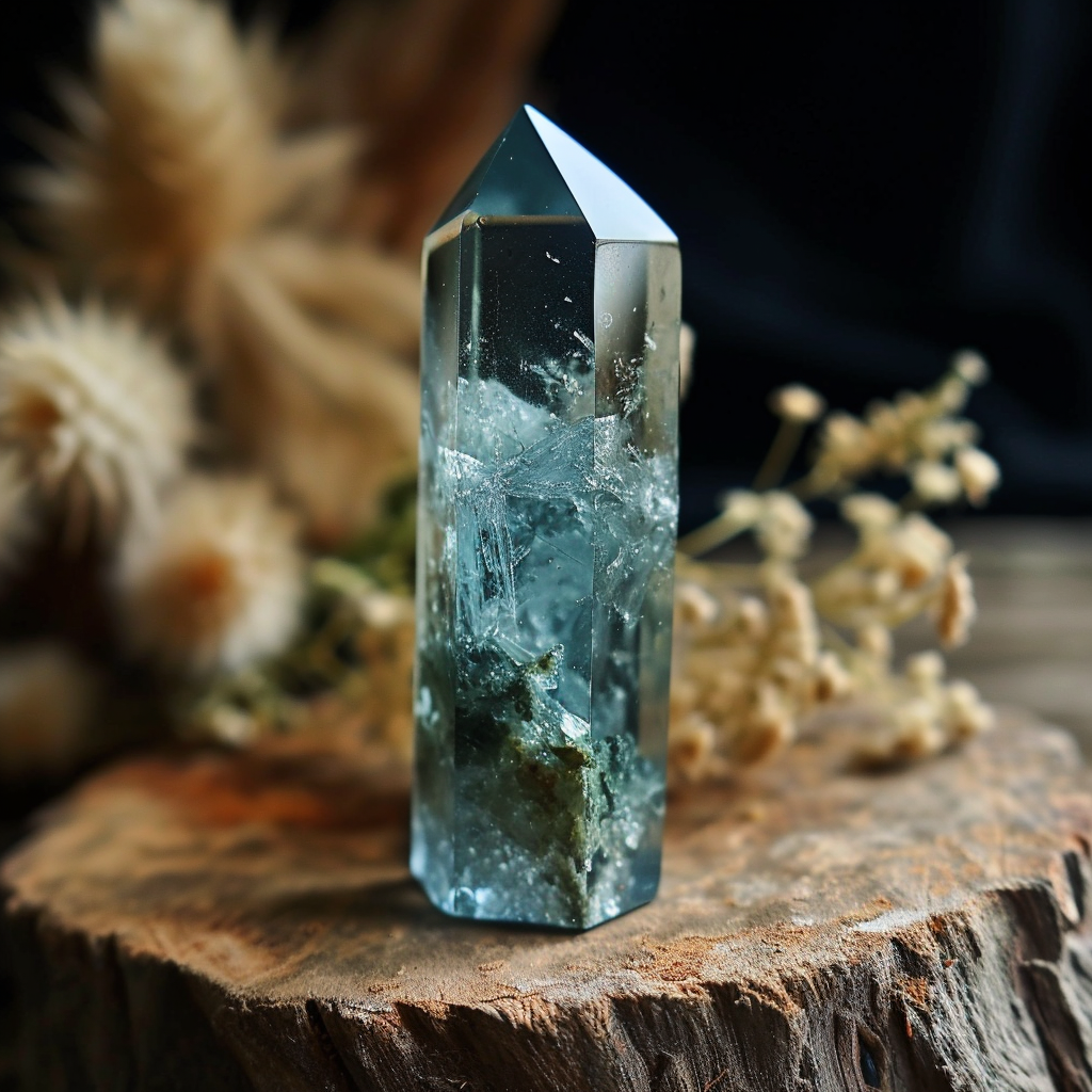 Moss Aquamarine with distinctive moss-like inclusions, showcasing its natural and earthy appeal.