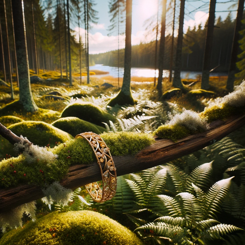 Amidst the vibrant ferns and moss-covered stones, an elegant 18k gold bracelet is artfully draped over a branch, its intricate design reflecting the gentle light.