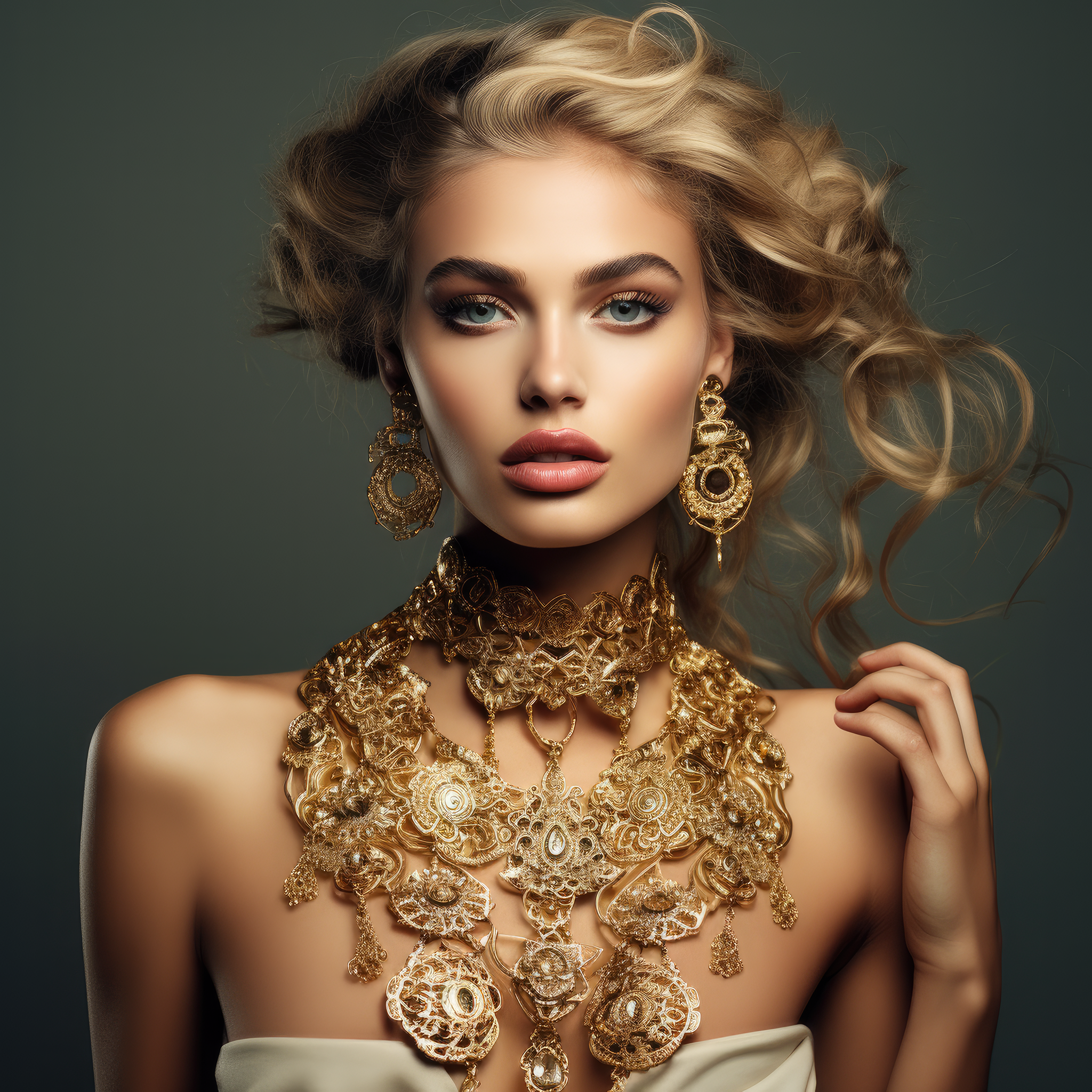 Close-up portrait of a woman with blonde tousled hair, captivating blue eyes, and wearing detailed gold earrings and multi-layered necklace, against a dark teal background.