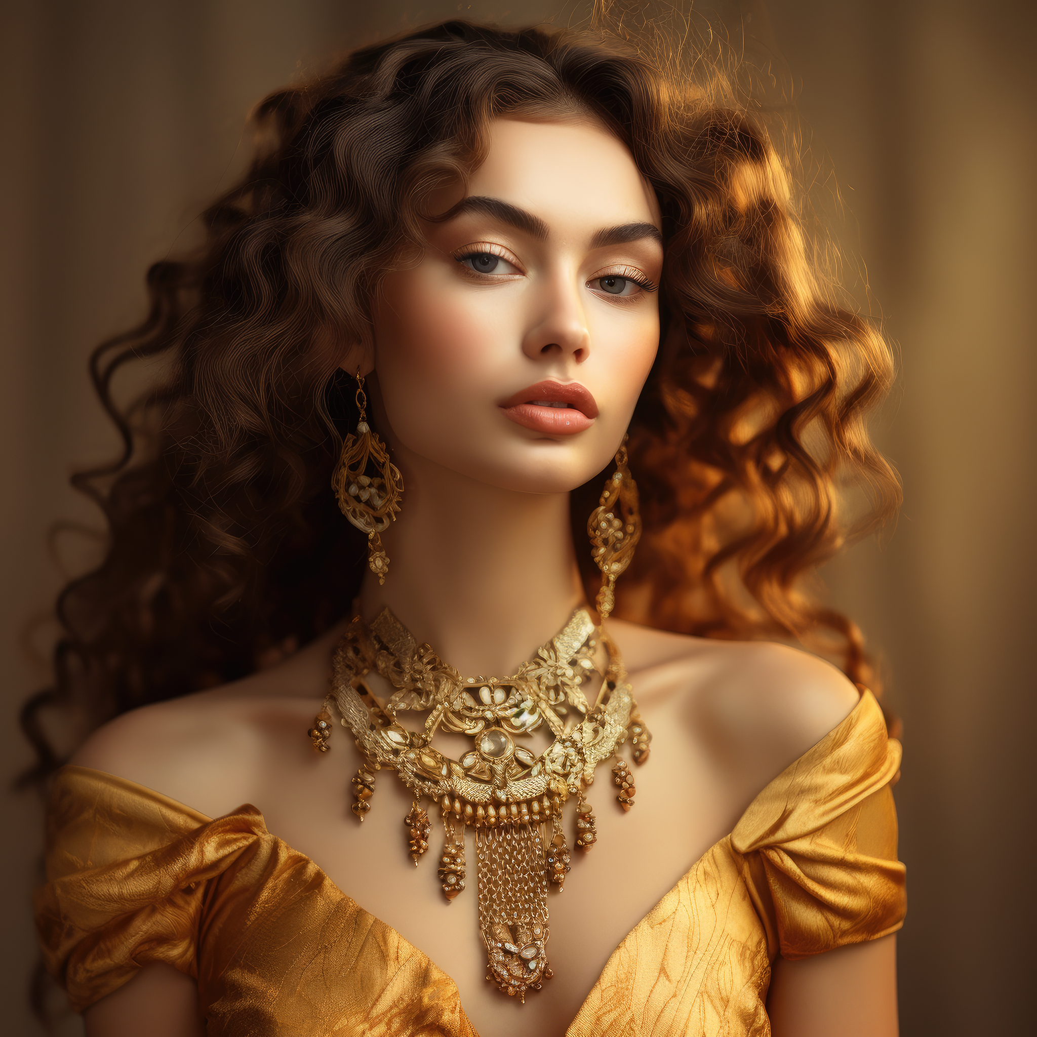 Portrait of a woman with wavy brown hair, wearing intricate gold jewelry including earrings and a statement necklace, set against a muted golden background.