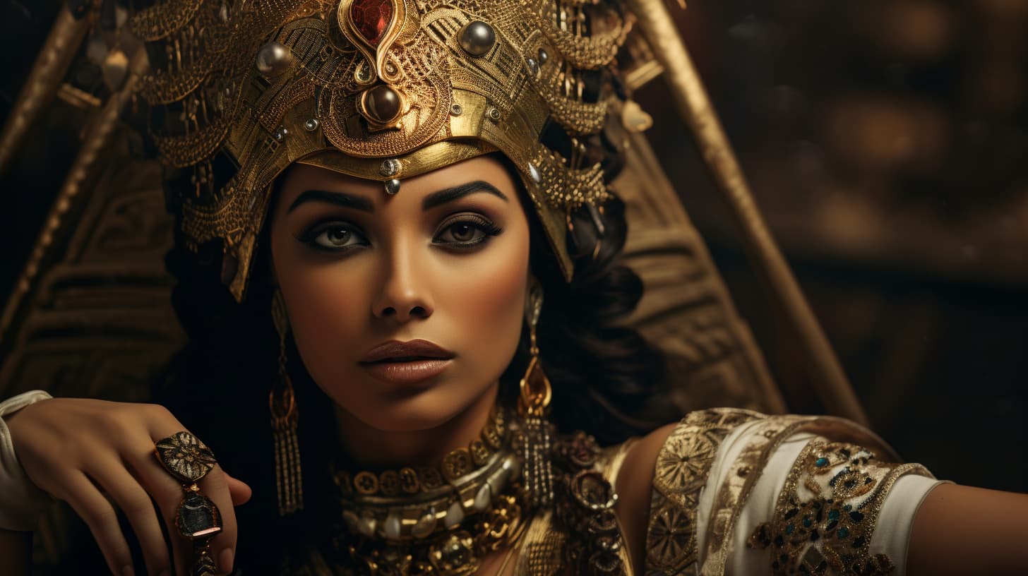 Portrait of a woman styled as an ancient queen, adorned in historically significant jewelry, connecting her to the past and evoking the narratives and craftsmanship of bygone cultures, epitomizing both regality and the reverence for historical legacy.