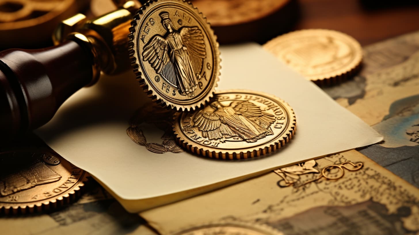 Elegant antique gold coins with detailed engravings, overlaid on paper with historical handwriting, highlighting the storytelling behind jewelry hallmarks.