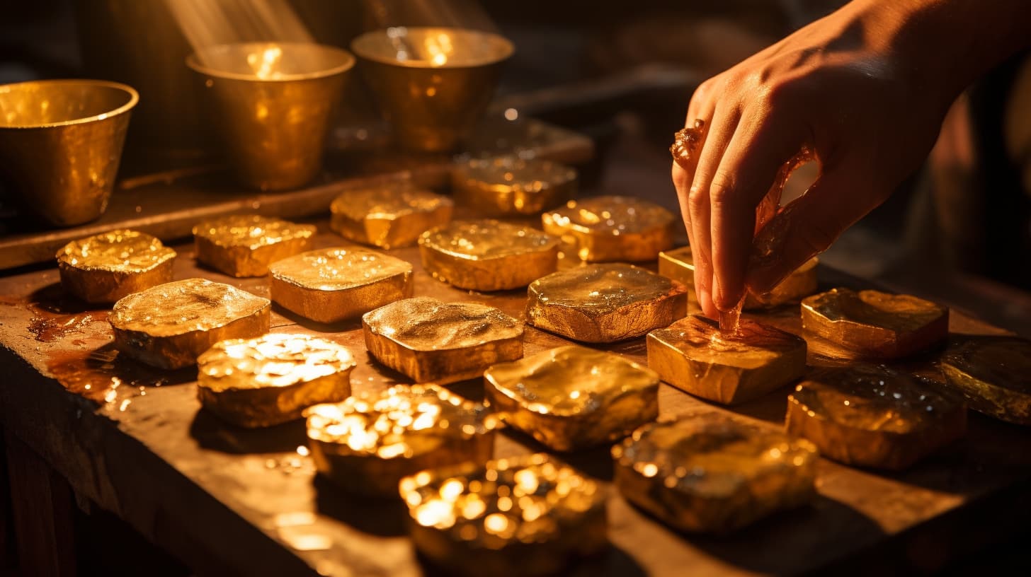 Artisan's hand carefully placing a gold ingot among others on a workbench, showcasing the process of handcrafting 20k gold jewelry.