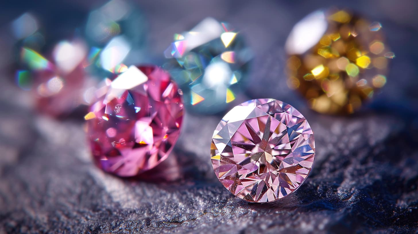 Assorted pink, blue, and yellow colored diamonds on a dark rock surface, symbolizing the variety in diamond hues.
