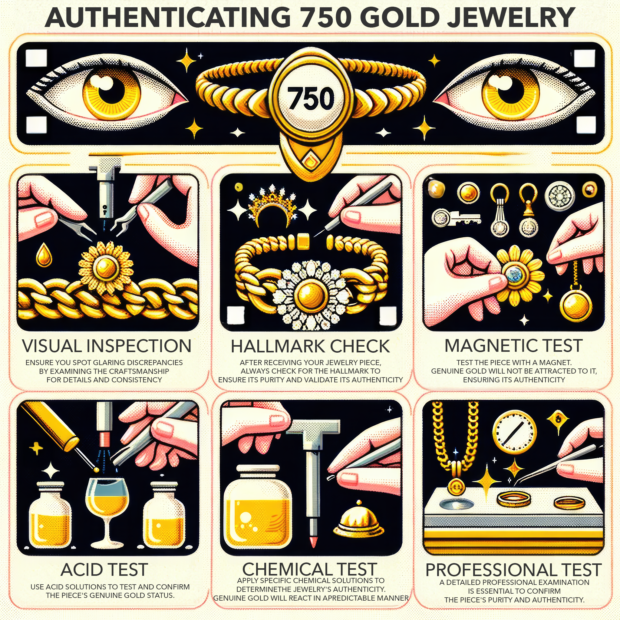 Infographic outlining six methods to authenticate 750 gold jewelry: visual inspection, hallmark check, magnet test, chemical test, acid test, and professional assessment.