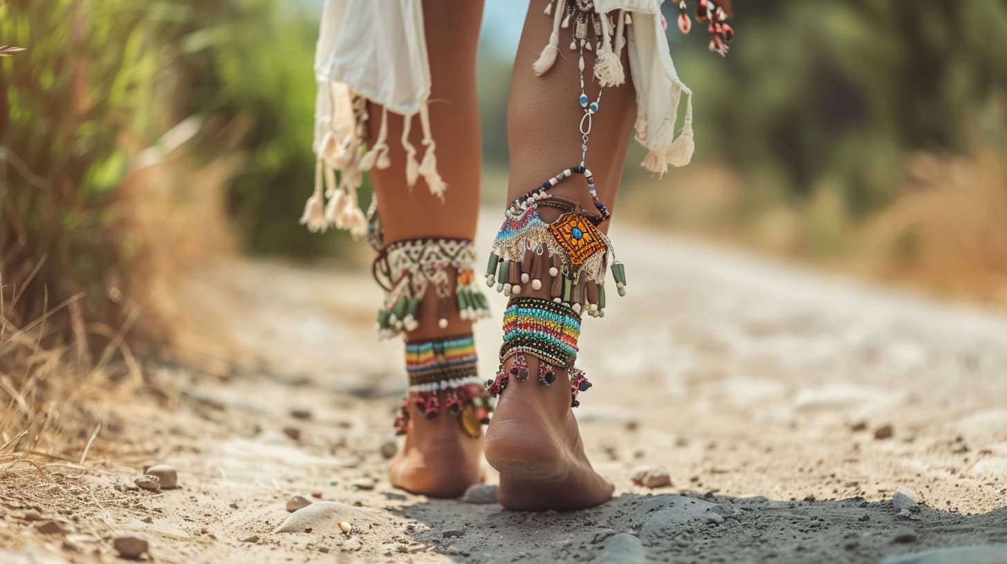 Woman walking on a dusty path showcasing bohemian-style anklets with colorful beads and tassels, perfect for the 2024 fashion accessory trends.