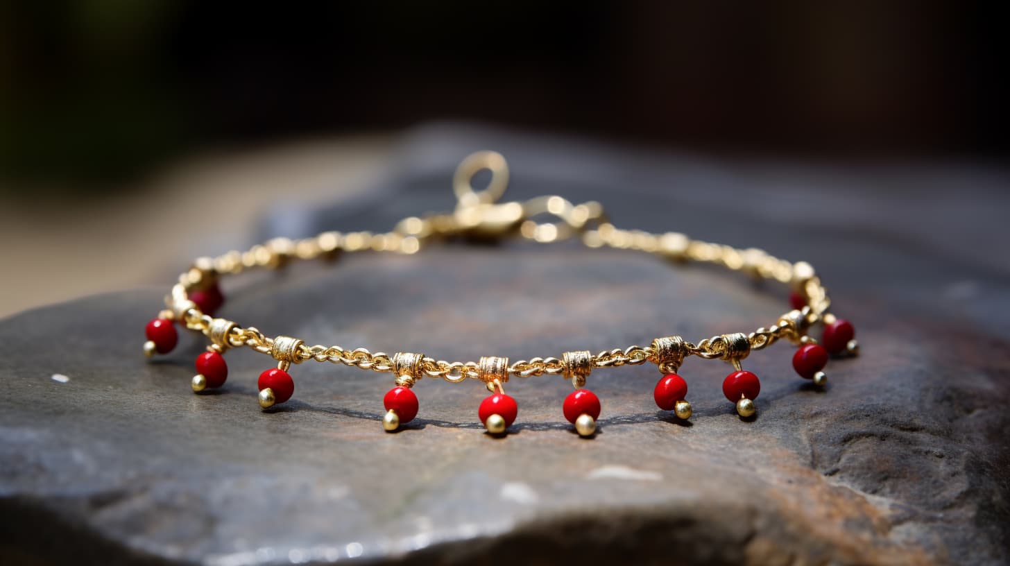 This image displays an elegant bracelet, with a chain of golden links interspersed with vibrant red beads and gold accents, laid against a natural stone background. This type of jewelry, which can be worn as an anklet or bracelet, often has cultural and personal significance. In some cultures, such an anklet can denote marital status or may be an expression of personal style, freedom, and rebellion. The red beads specifically might be interpreted as a nod to traditions such as Kabbalah or Hinduism, where red strings are thought to provide protection, ward off negative energies, and attract good luck. The combination of gold and red not only provides a striking aesthetic but also suggests a deeper meaning, combining ornamental beauty with symbolic depth.