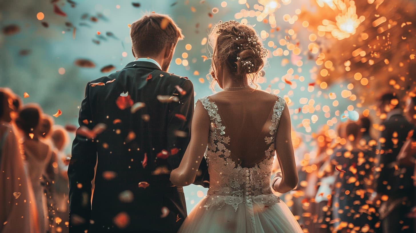 Alt text: Back view of a couple at their wedding celebration with confetti falling around, symbolizing milestones celebrated with Nobbier's anniversary jewelry.
