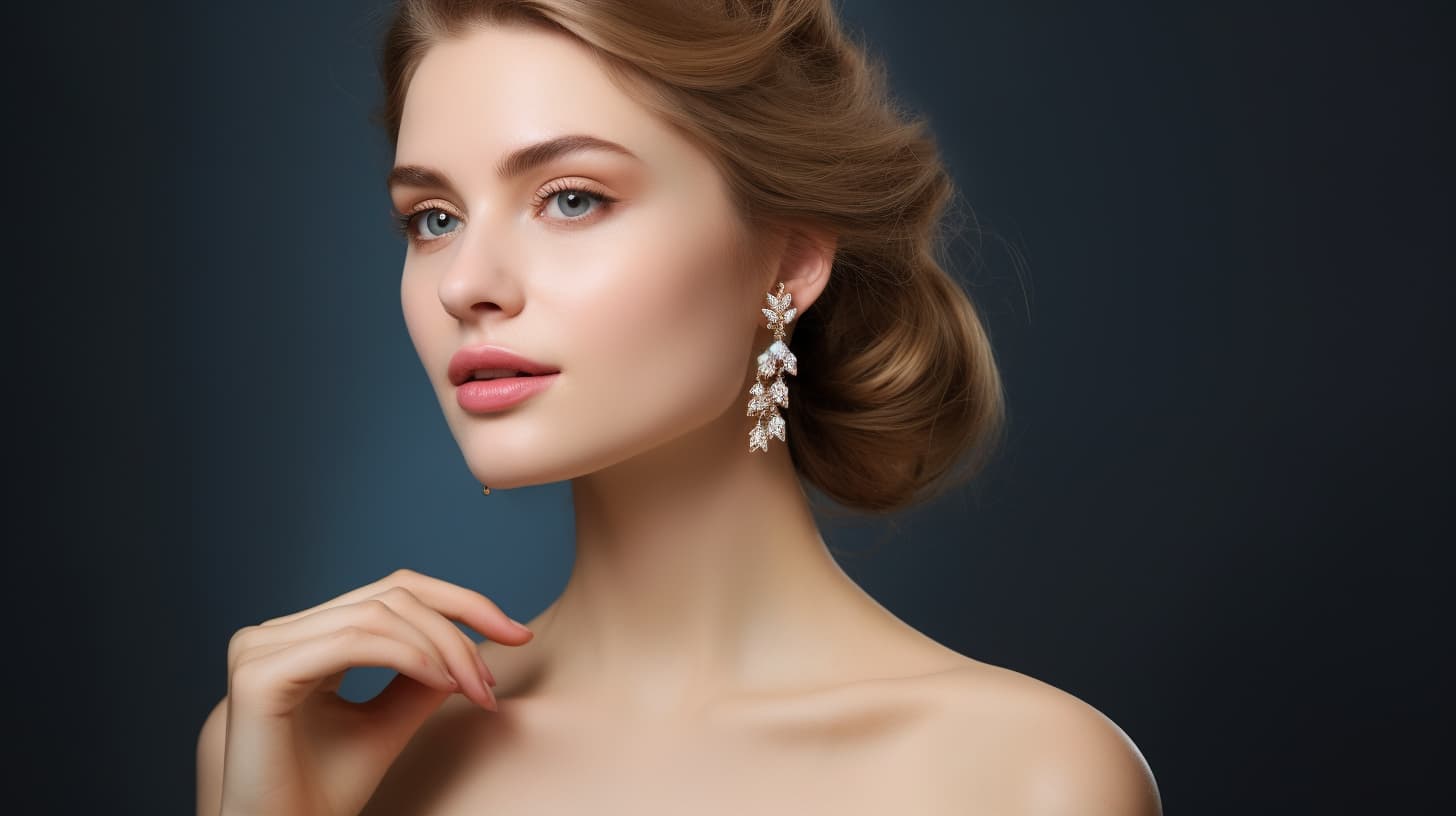 Elegant woman with hair up, showcasing long, leaf-shaped diamond earrings, prompting the consideration of whether the gift recipient has pierced ears.