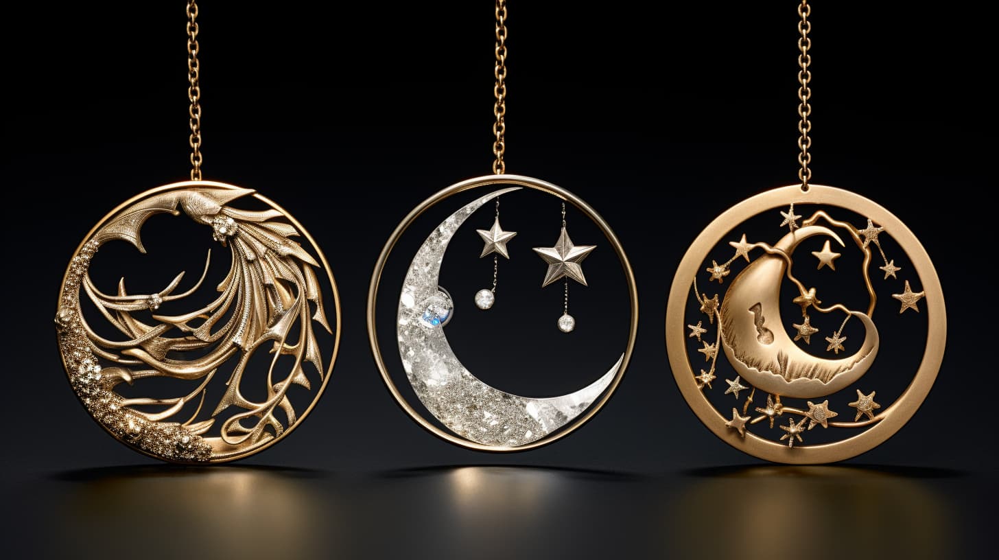 Displayed here are enchanting pendants, each with a unique cosmic and natural motif. The first showcases swirling winds adorned with diamonds, evoking the dynamic atmosphere. The middle piece, a crescent moon with dangling stars, sparkles with the mystery of the night sky. The final pendant features a maternal embrace within a starry frame, symbolizing nurture and the continuous cycle of life. Each piece represents a deep connection to the universe's grandeur and the natural world's intimate beauty.