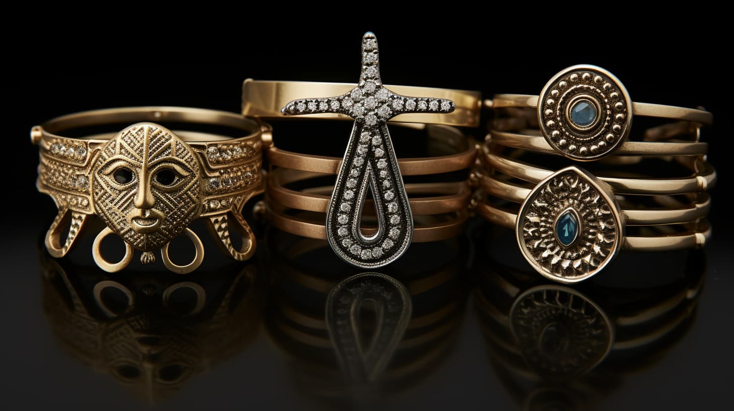 This collection of jewelry exudes a deep cultural resonance, featuring symbols rich in history and spirituality. A gold Hamsa bracelet promises protection and wards off evil; the diamond-encrusted Ankh represents eternal life; and gemstone-studded concentric circles evoke the timeless nature of Celtic knots. These pieces are not just adornments but amulets, each carrying a legacy of protection, infinity, and life.