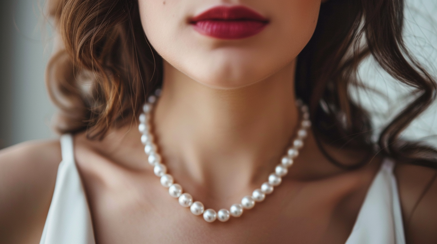 Close-up of a woman's red lips and white pearl necklace, signifying elegance and classic fashion style.