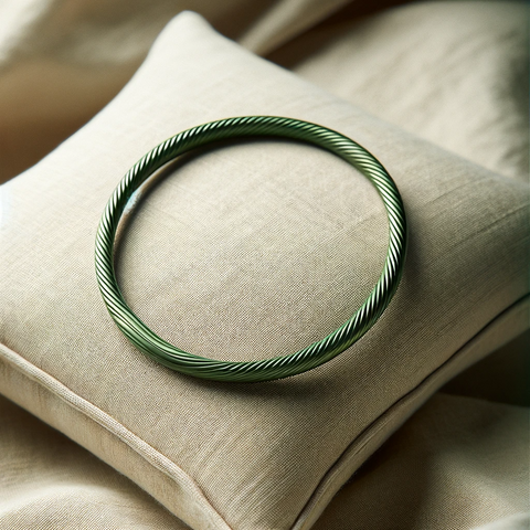 An elegant green gold bracelet with a slender, minimalist design, showcased on a light beige linen pillow.