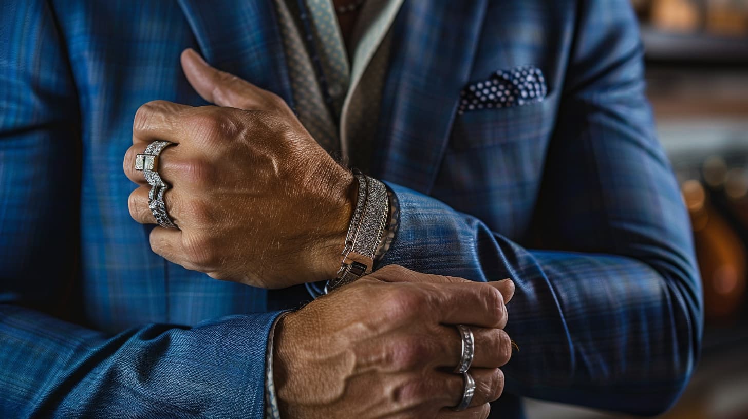 Detail of a businessman's hands with elegant rings and bracelet, complementing a sophisticated business casual look.