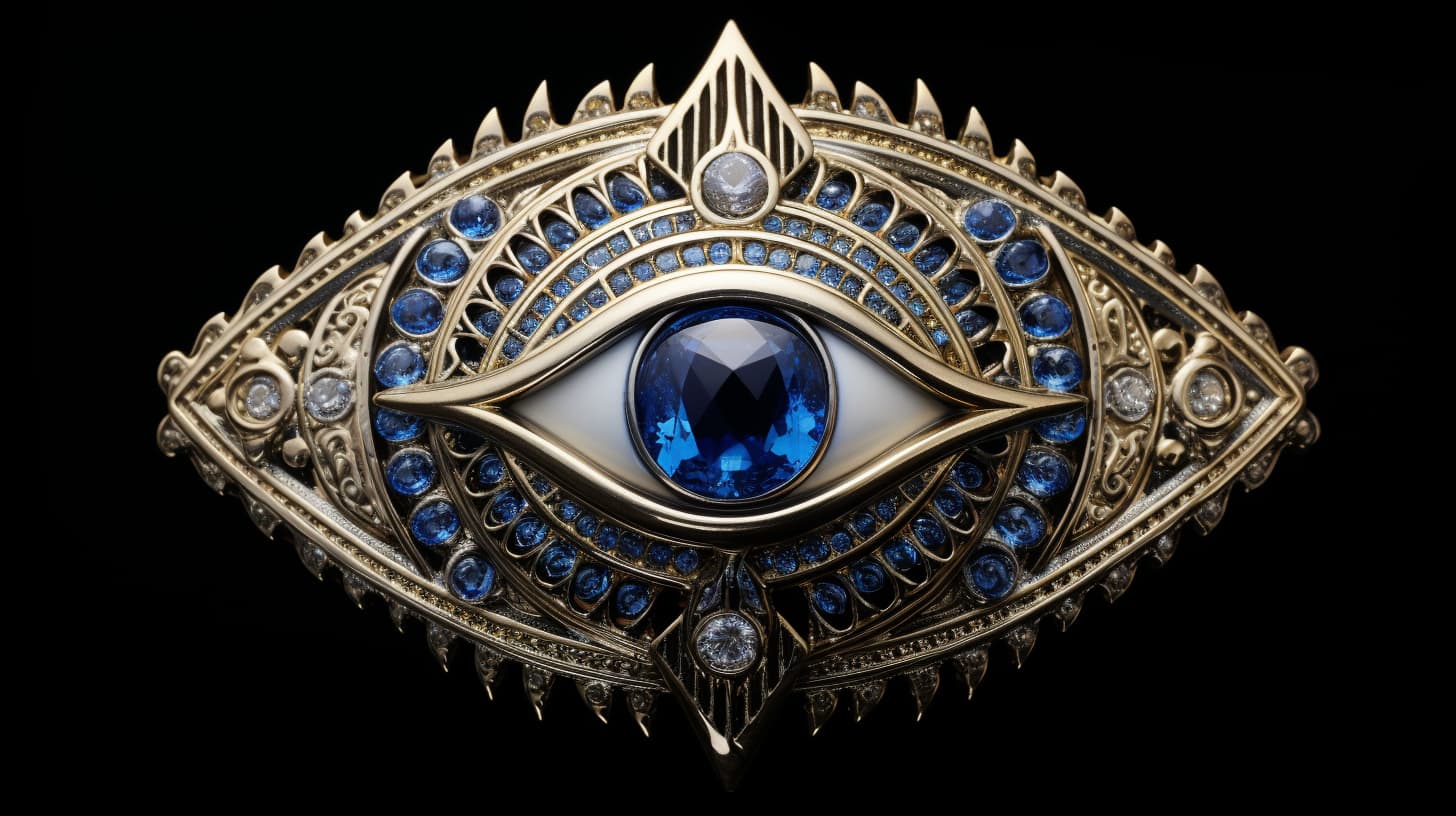 This captivating image showcases an ornate piece of jewelry, featuring the symbol of the eye, known as the "Evil Eye." This symbol is deeply embedded in various cultures' histories and is believed to ward off negative energy and bring protection to its wearer. The central eye, prominent and clear against the dark background, is surrounded by intricate patterns and an array of dazzling blue gemstones that are often associated with the traditional color of the evil eye amulet. The combination of the eye motif with the luxurious design elements suggests a fusion of cultural tradition with opulent style, creating a piece that's both a talisman and a statement of sophistication.