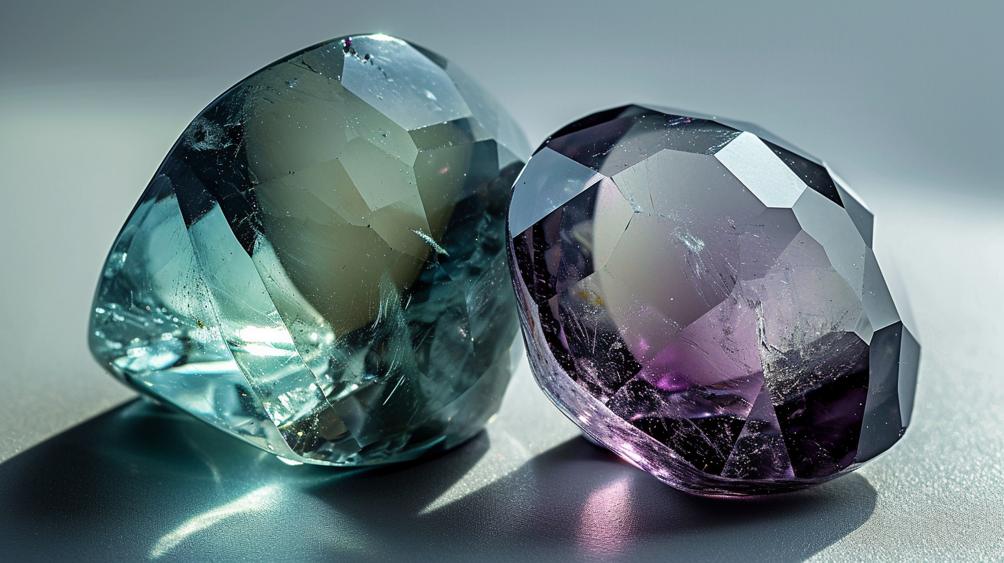 A pair of faceted alexandrite stones displaying a color gradient from green to purple.