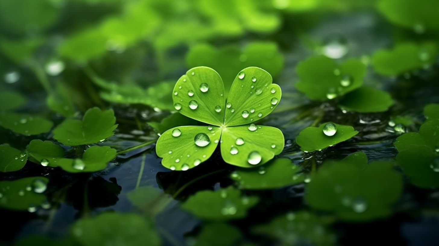 A vibrant four-leaf clover rests on a watery surface among three-leaf counterparts, its green leaves glistening with droplets. This rare plant is cherished for its symbolism of luck, each leaf signifying hope, faith, love, and fortune, offering a visual representation of good fortune and the lore surrounding this uncommon find.