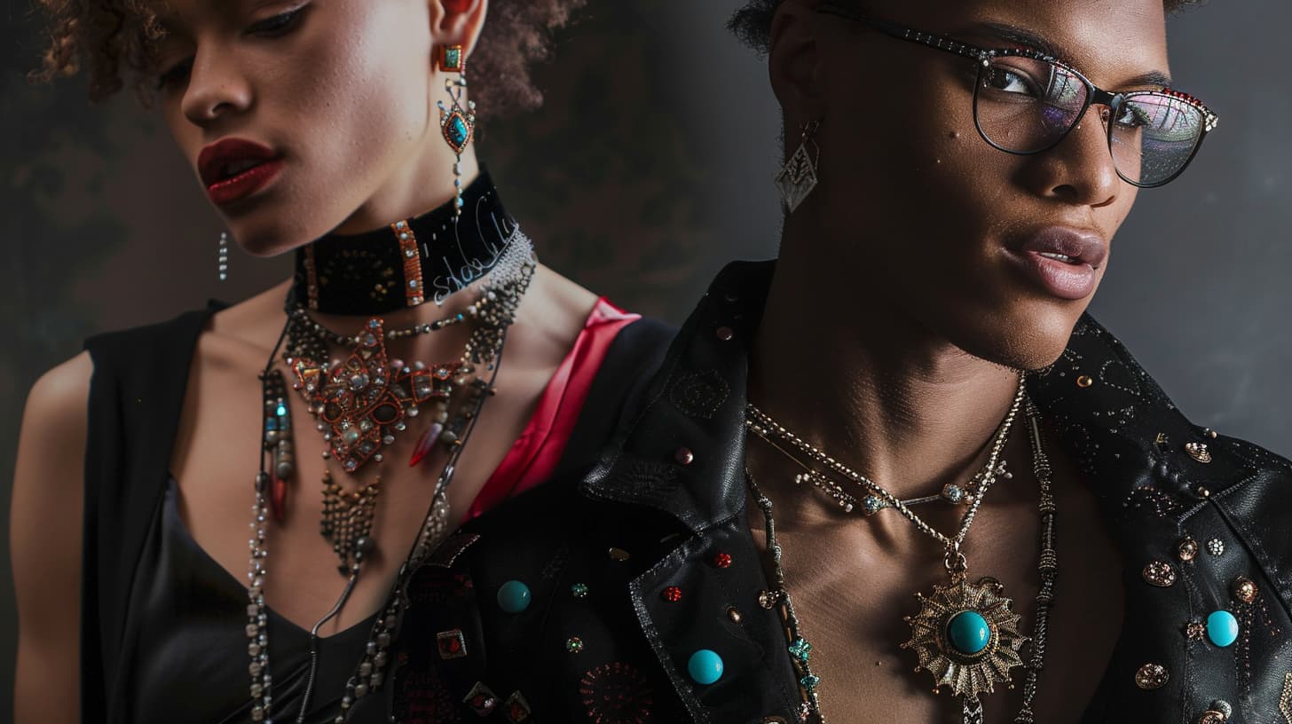 Two individuals showcasing a fusion of bold and eclectic jewelry, breaking traditional gender fashion boundaries with mixed styles.