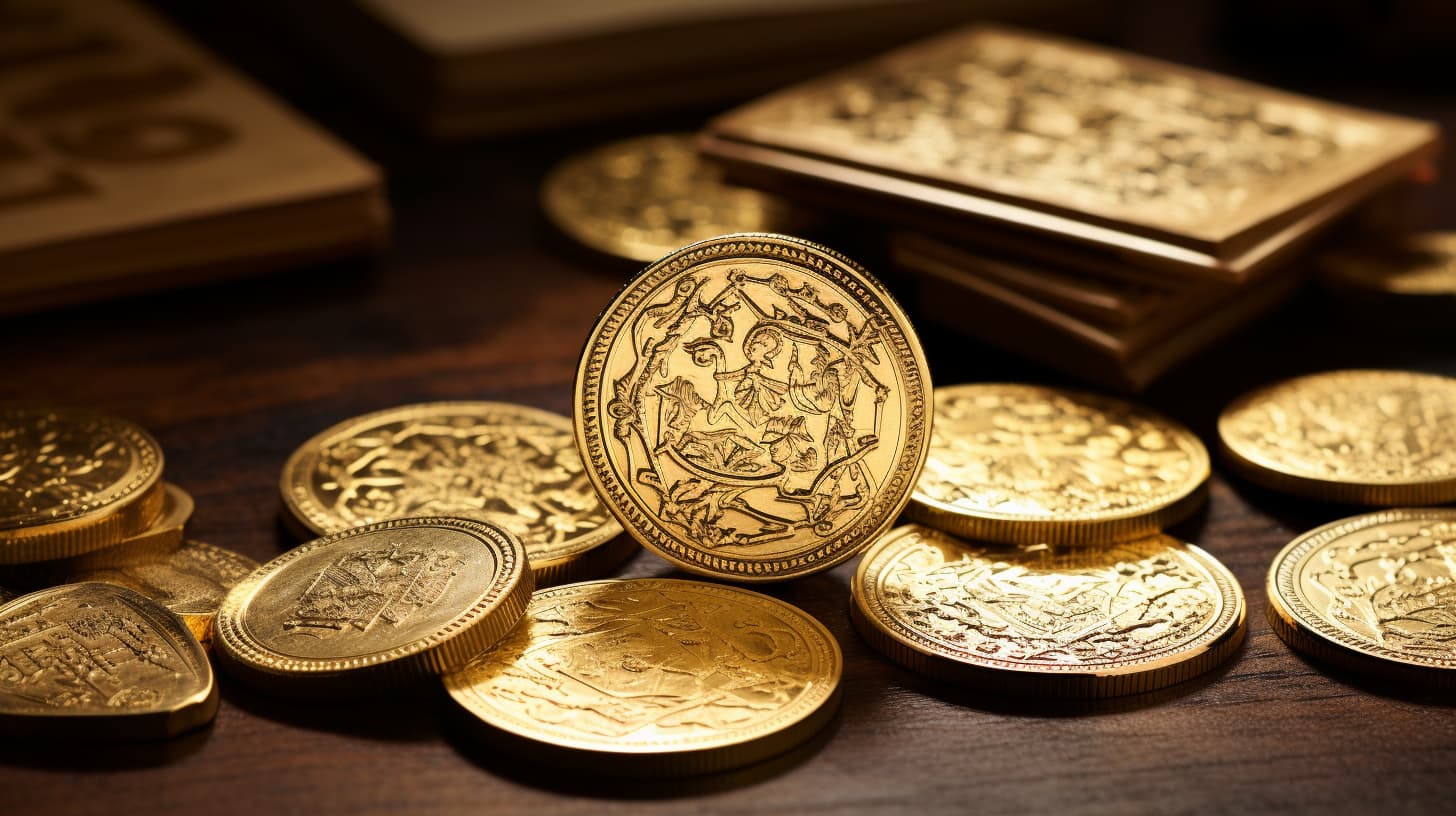 Assortment of intricately designed gold coins with detailed embossing, representing the artistry and value encoded in jewelry hallmarks.