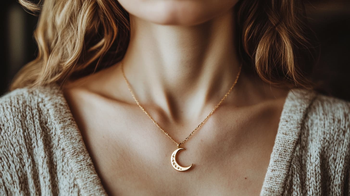 Gold crescent moon necklace worn by a woman, representing femininity and new beginnings.