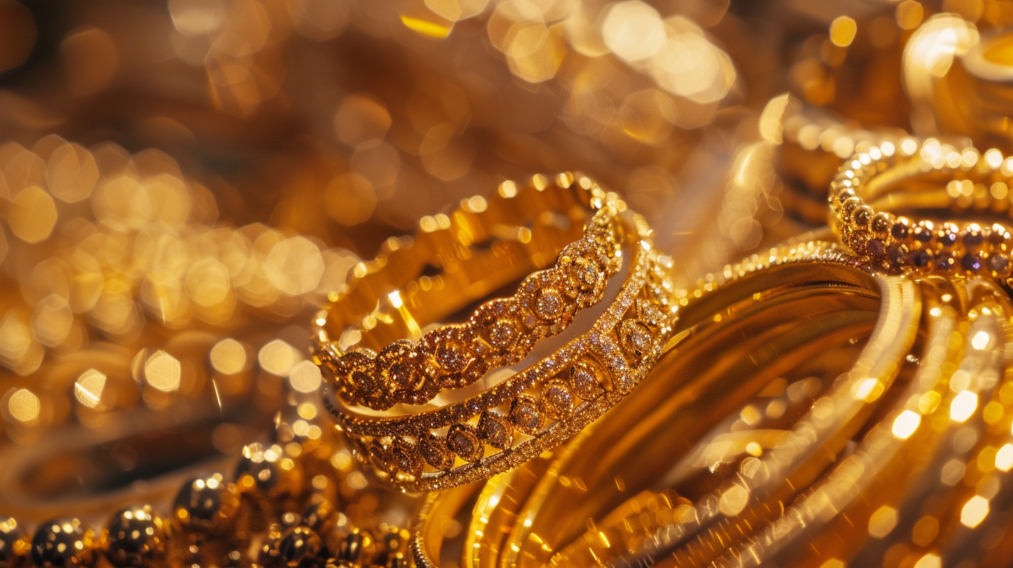Luxurious gold rings and bangles shimmering brightly, reflecting the classic beauty and investment value of gold jewelry pieces.
