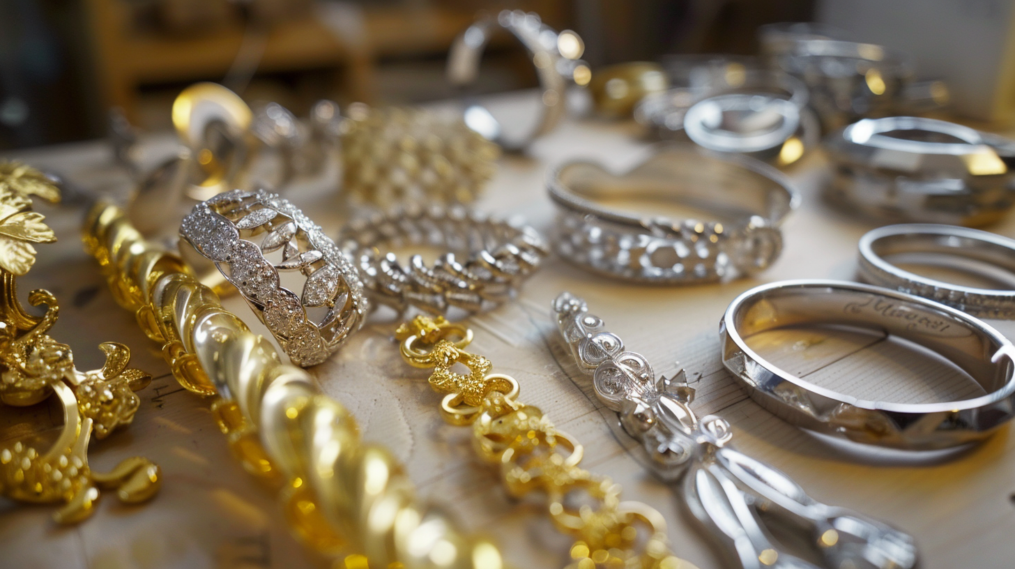 Variety of gold and silver jewelry laid out, contrasting the warm tones of gold with the cool sheen of silver, perfect for a comparison in a jewelry article.
