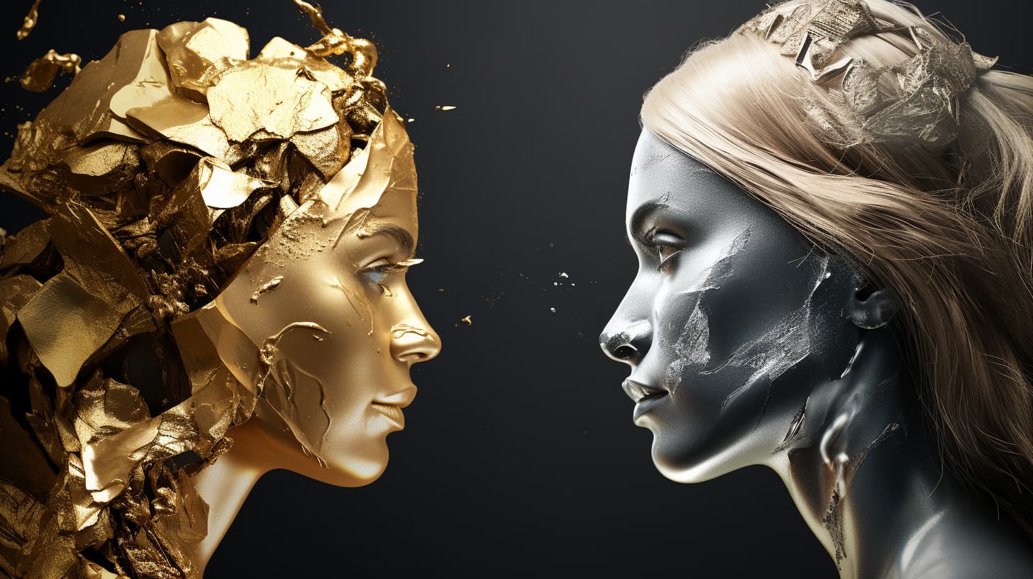 A striking visual contrast of two faces, one adorned with gold and the other with platinum, showcasing the distinct aesthetics and symbolic richness of each metal often considered in personal jewelry preferences.