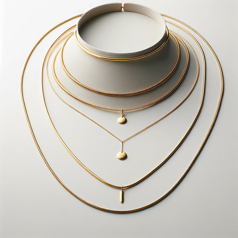 A minimalist display featuring three Scandinavian style gold necklaces of varying lengths: a choker, a matinee, and a rope necklace.