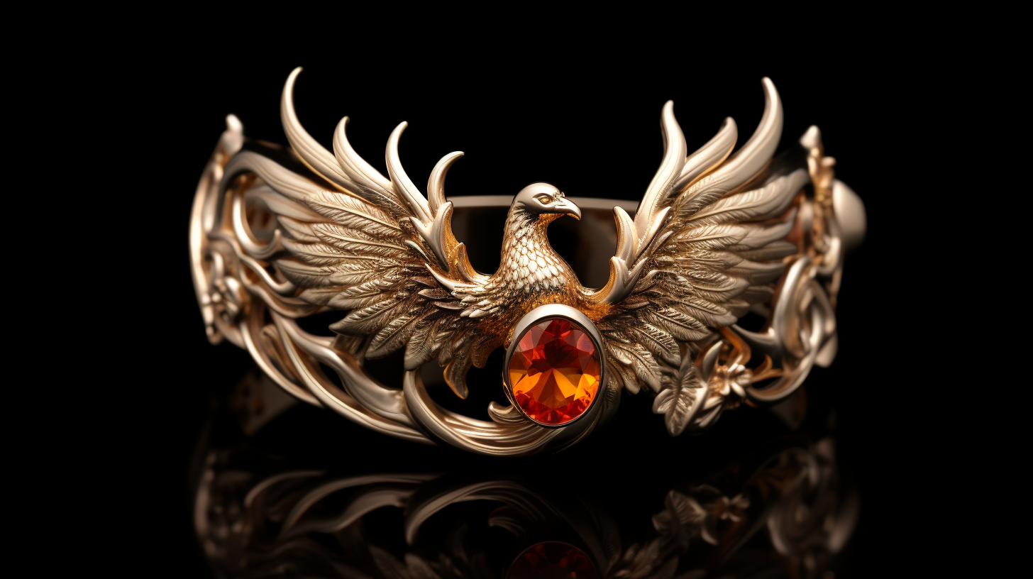 Golden phoenix bracelet with amber gemstone symbolizing renewal and transformation on a black background