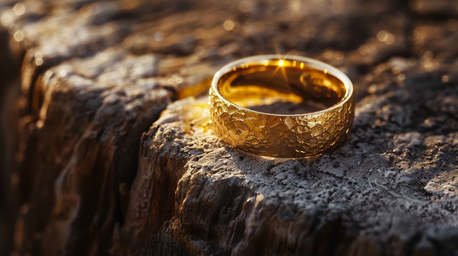 Close-up view of a textured golden wedding band on a wooden surface, illustrating detailed craftsmanship.