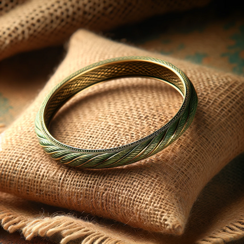 green gold bangle with a twisted design on a rustic tan burlap pillow.
