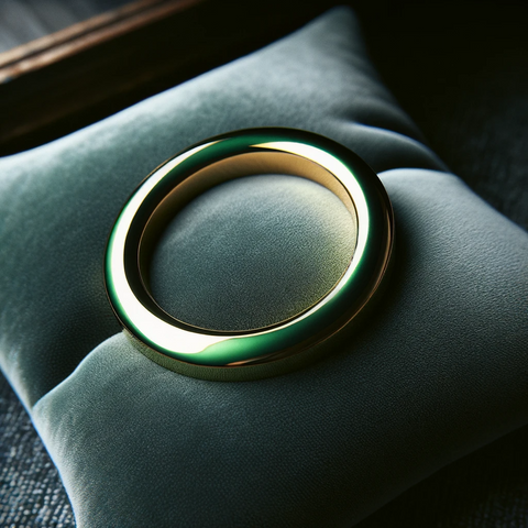 Scandinavian-style bracelet, sleek and modern, crafted entirely in green gold, resting on a dark grey velvet pillow. The bracelet's smooth, circular design is highlighted by the rich texture and deep color of the velvet, emphasizing its unique green gold sheen.