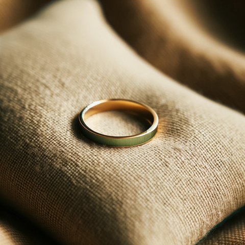 The ring features a minimalist design with a single, elegant green gold band that reflects the light gently, set against the warm, inviting texture of the pillow.