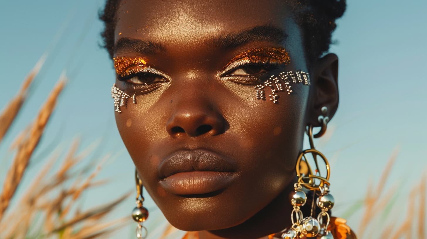 Portrait of a woman with striking golden eyeshadow and face jewelry, paired with large hoop earrings, embodying the inclusive and diverse nature of unisex jewelry trends.