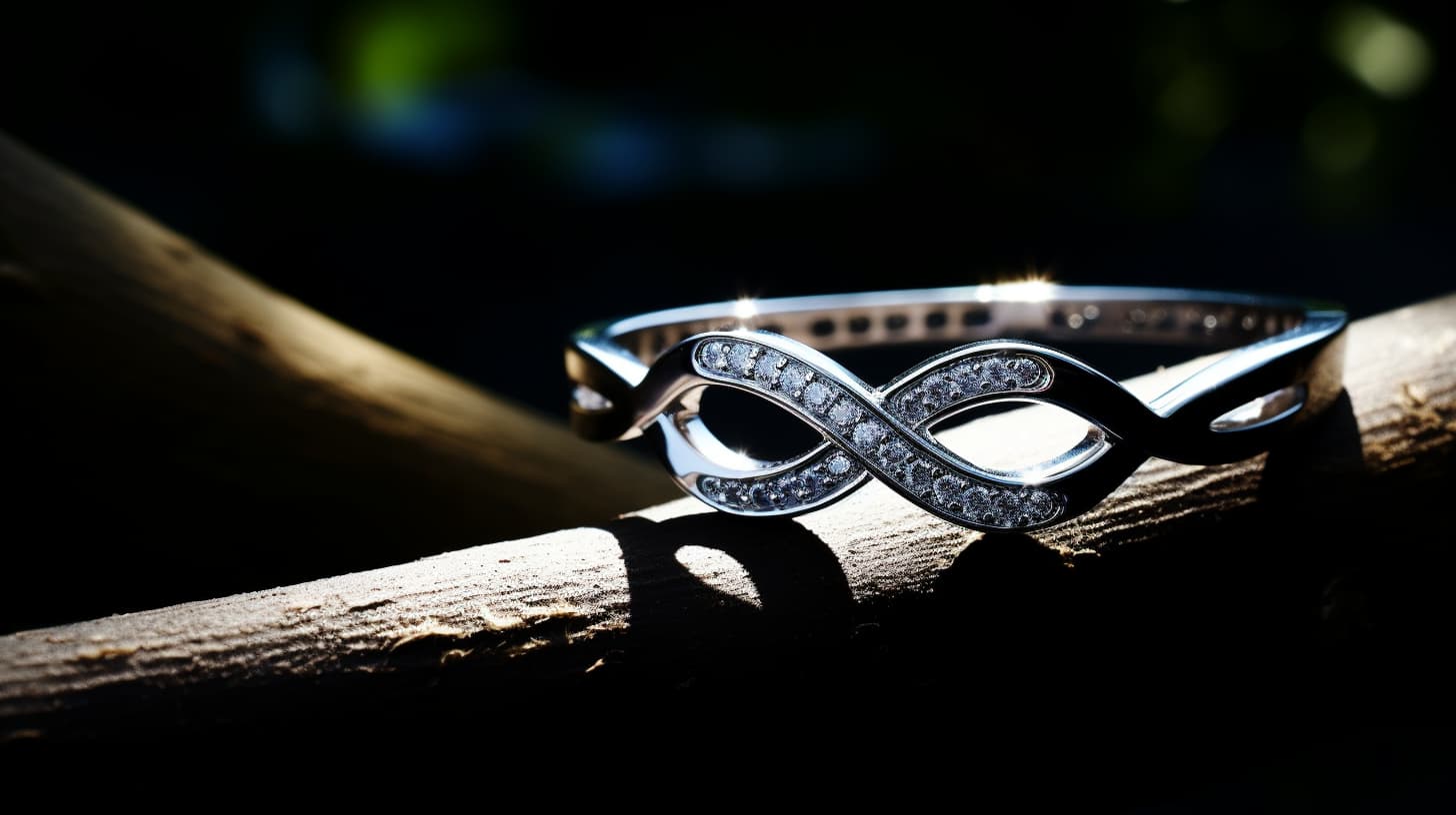 Infinity symbol bracelet adorned with crystals on a wooden background highlighted by sunlight.