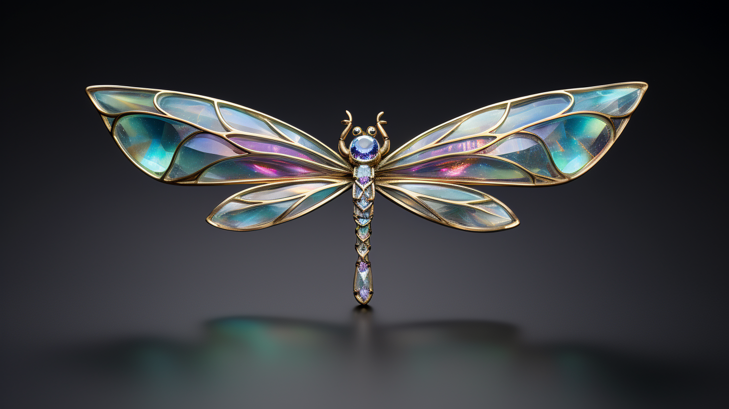 Iridescent dragonfly brooch with multicolored wings and blue gemstone embodying change and joy