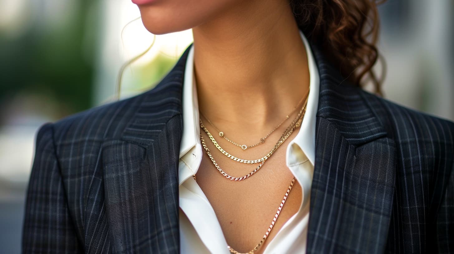 Close-up of a woman in business attire with tasteful layered necklaces, adding a personal touch to professional dress.