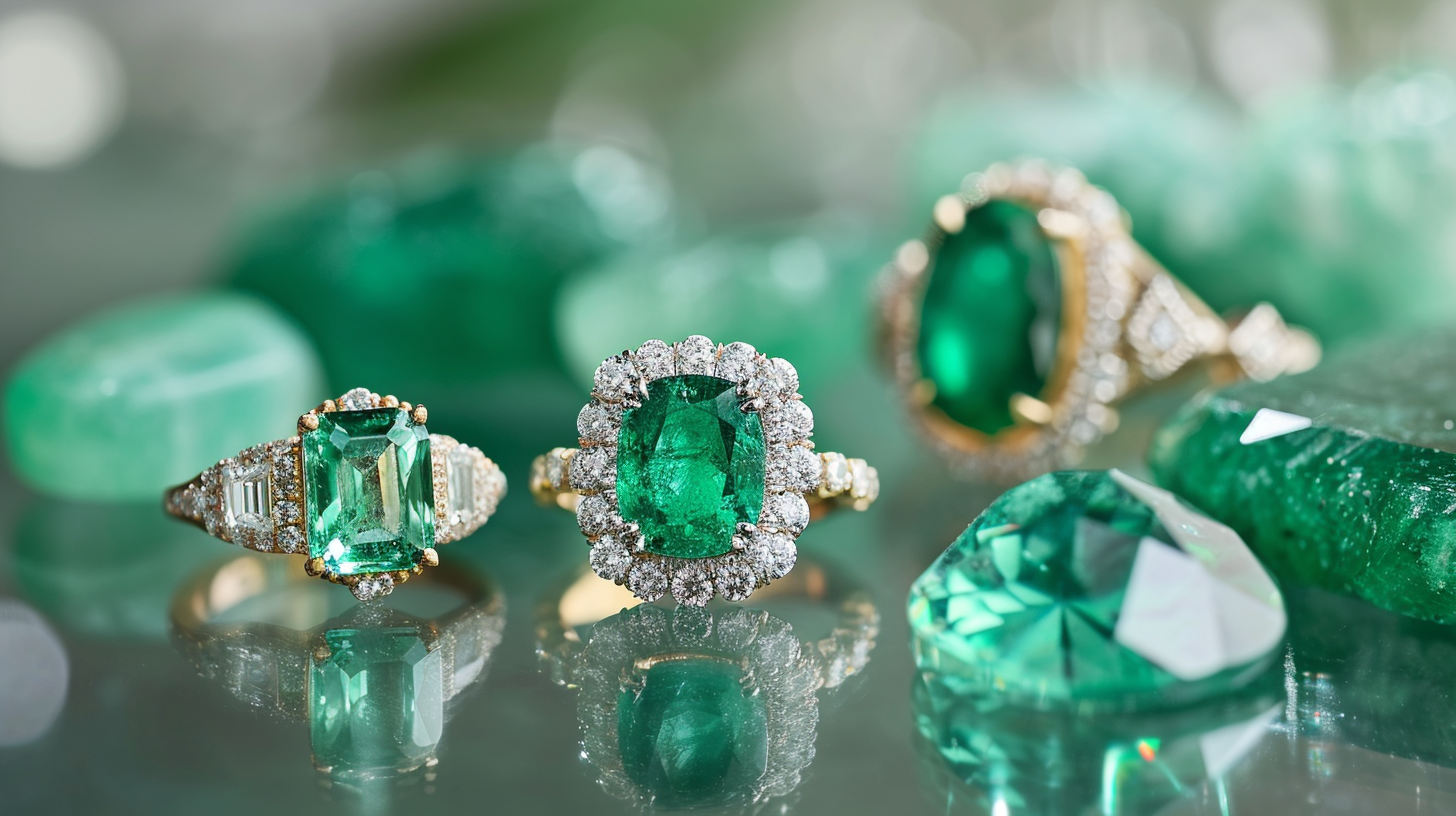 A luxurious emerald ring set in gold, flanked by diamond accents, displayed against a reflective surface, exuding sophistication and glamour.
