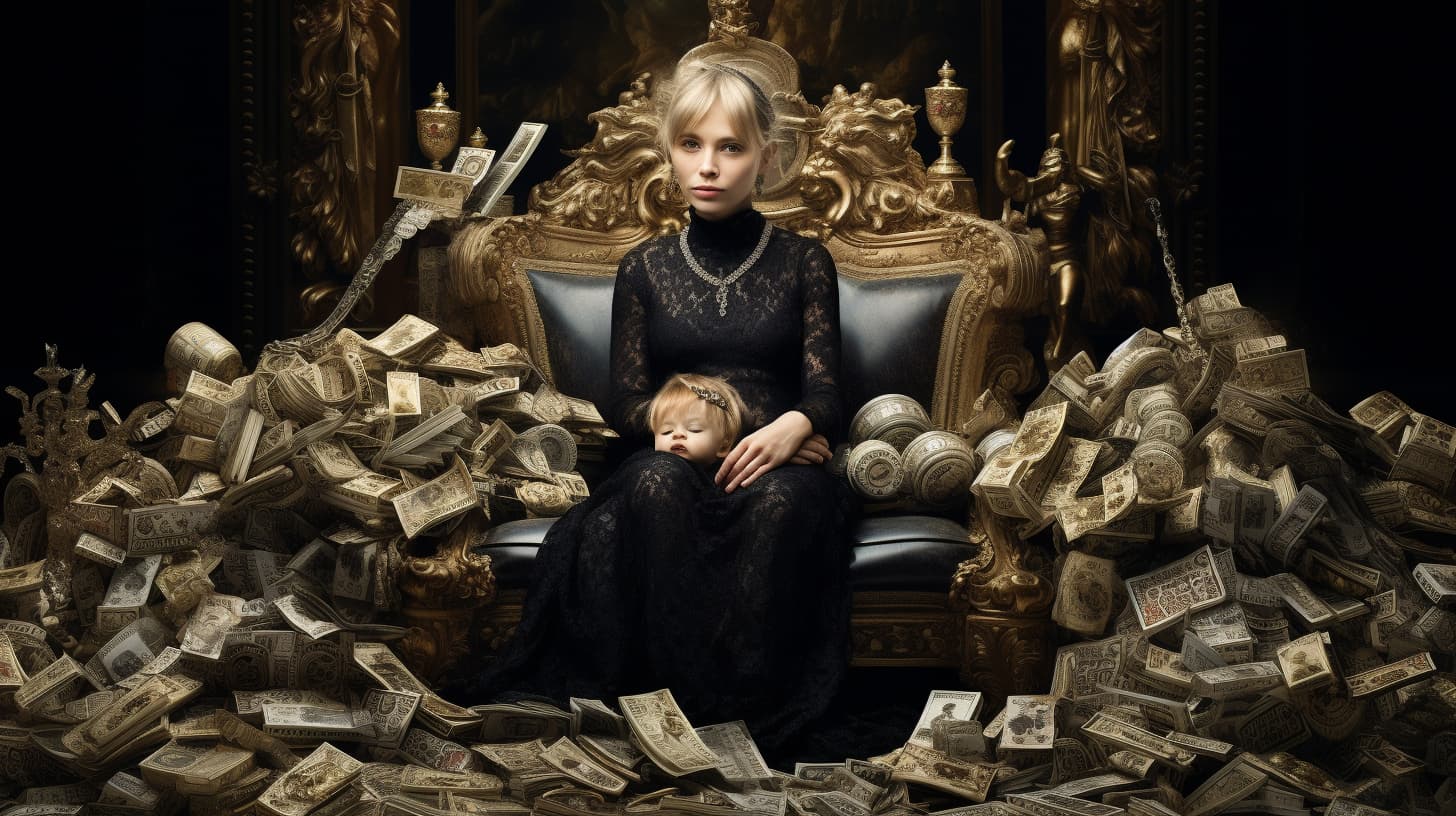 Opulent setting with a woman and child surrounded by wealth, illustrating the uniqueness of luxury statement jewelry as a gift for a mother who has everything.