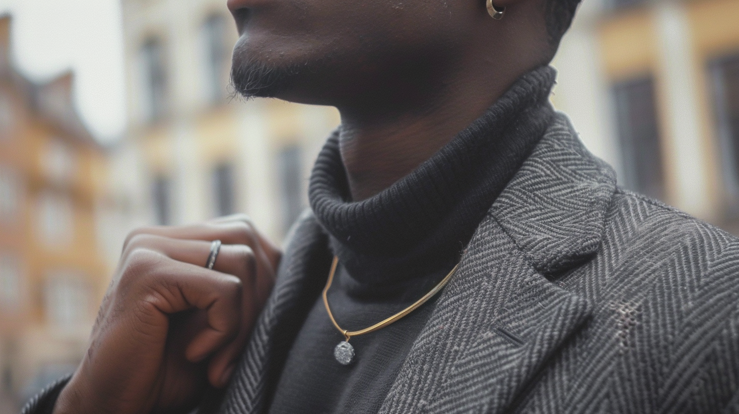 Stylish man in a turtleneck and coat sporting a simple gold necklace with a diamond pendant, reflecting a trend in men's fashion accessories.