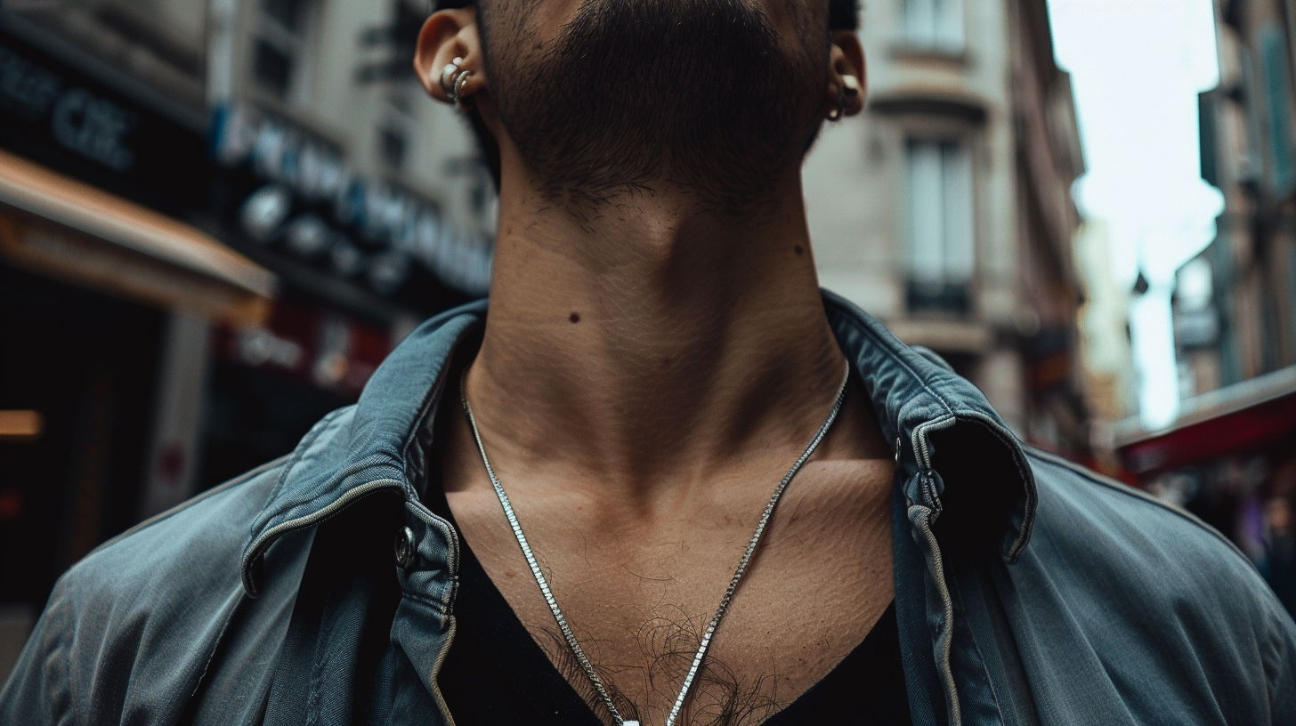 Man walking on a bustling street wearing a sleek silver chain necklace, exemplifying modern masculinity and style.