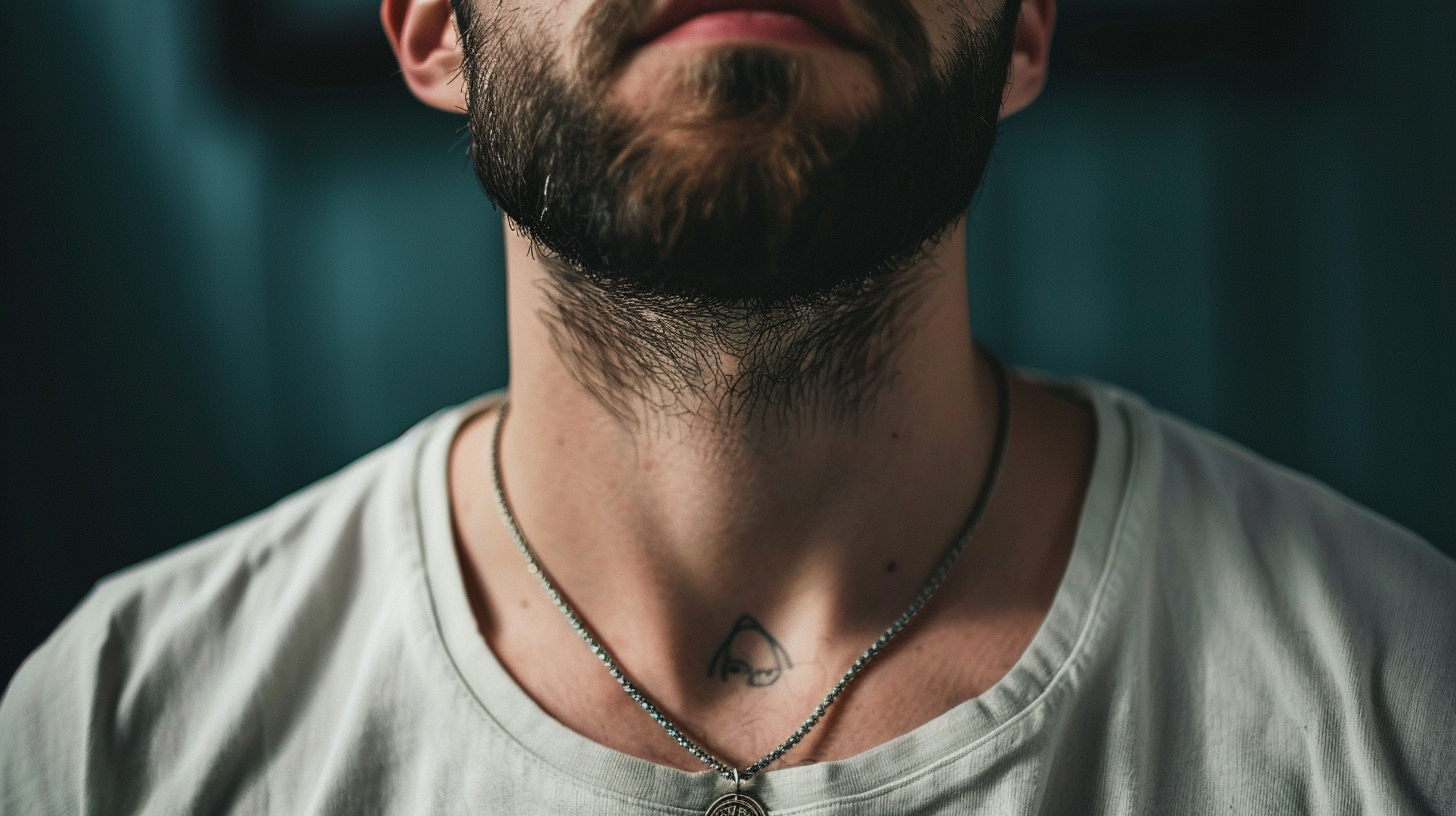 Close-up of a man's neck with a tattoo peeking above a vintage pendant on a silver necklace, adding to his edgy look.