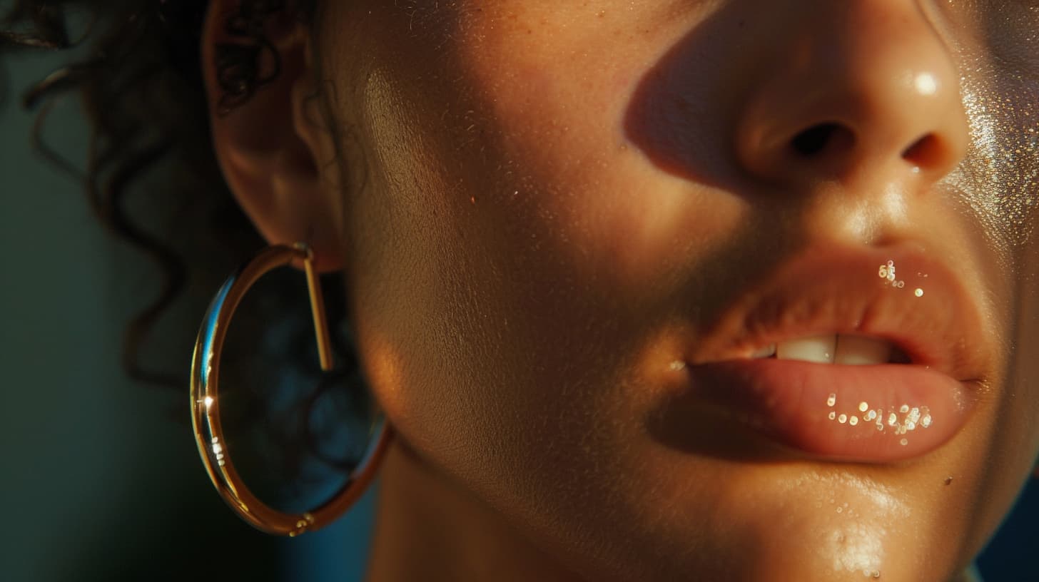 Close-up of a medium-sized hoop earring on a woman's ear, highlighting the hoop's size and style.