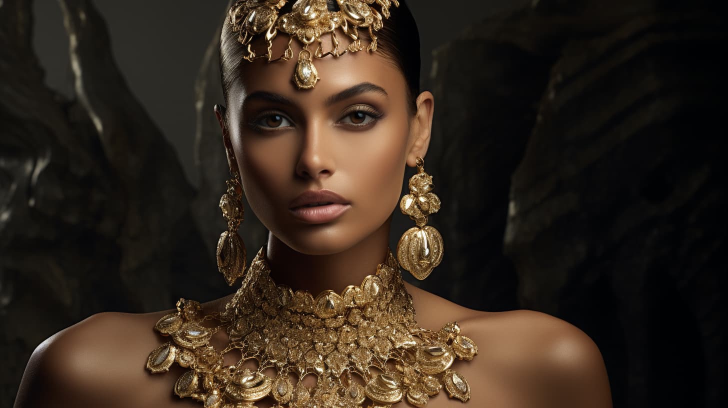 Elegant model adorned with luxurious 20k gold jewelry, including a detailed necklace, earrings, and headpiece, showcasing the richness of high-purity gold.