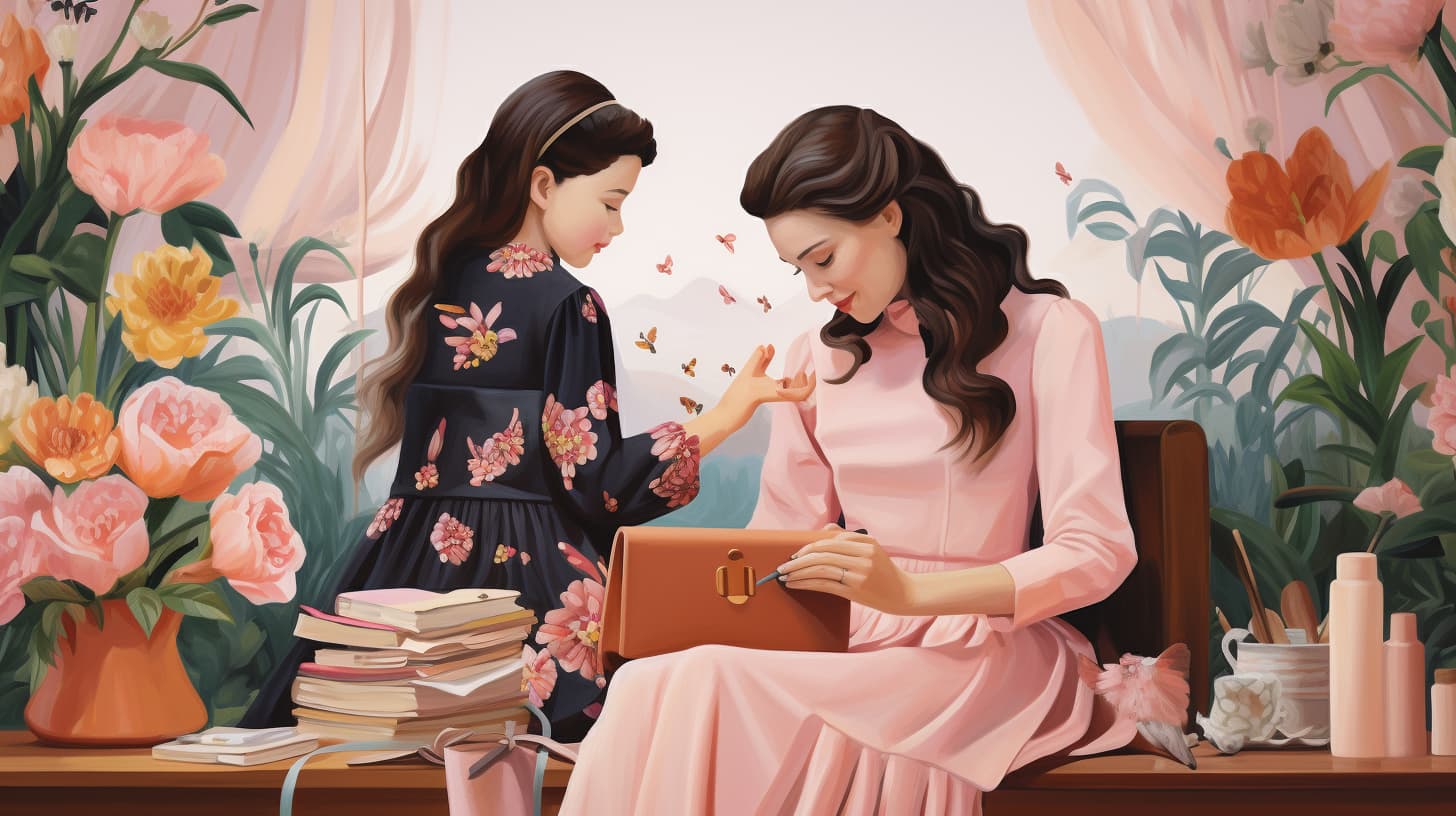 Illustration of a mother and daughter sharing a moment with jewelry, symbolizing a personal connection and timeless elegance for Mother's Day.